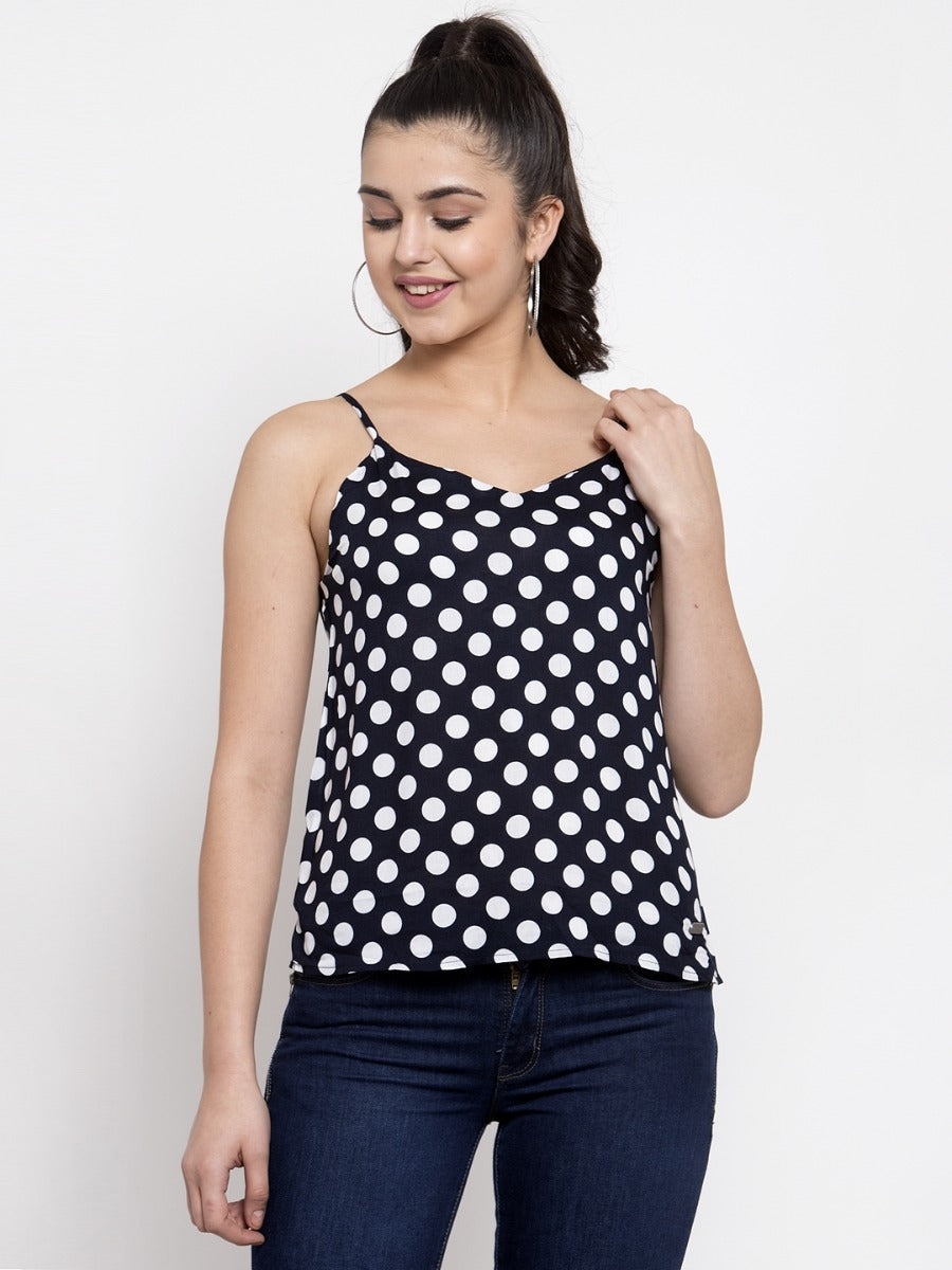 Women Scoop Neck Polka Dots Navy Blue Top