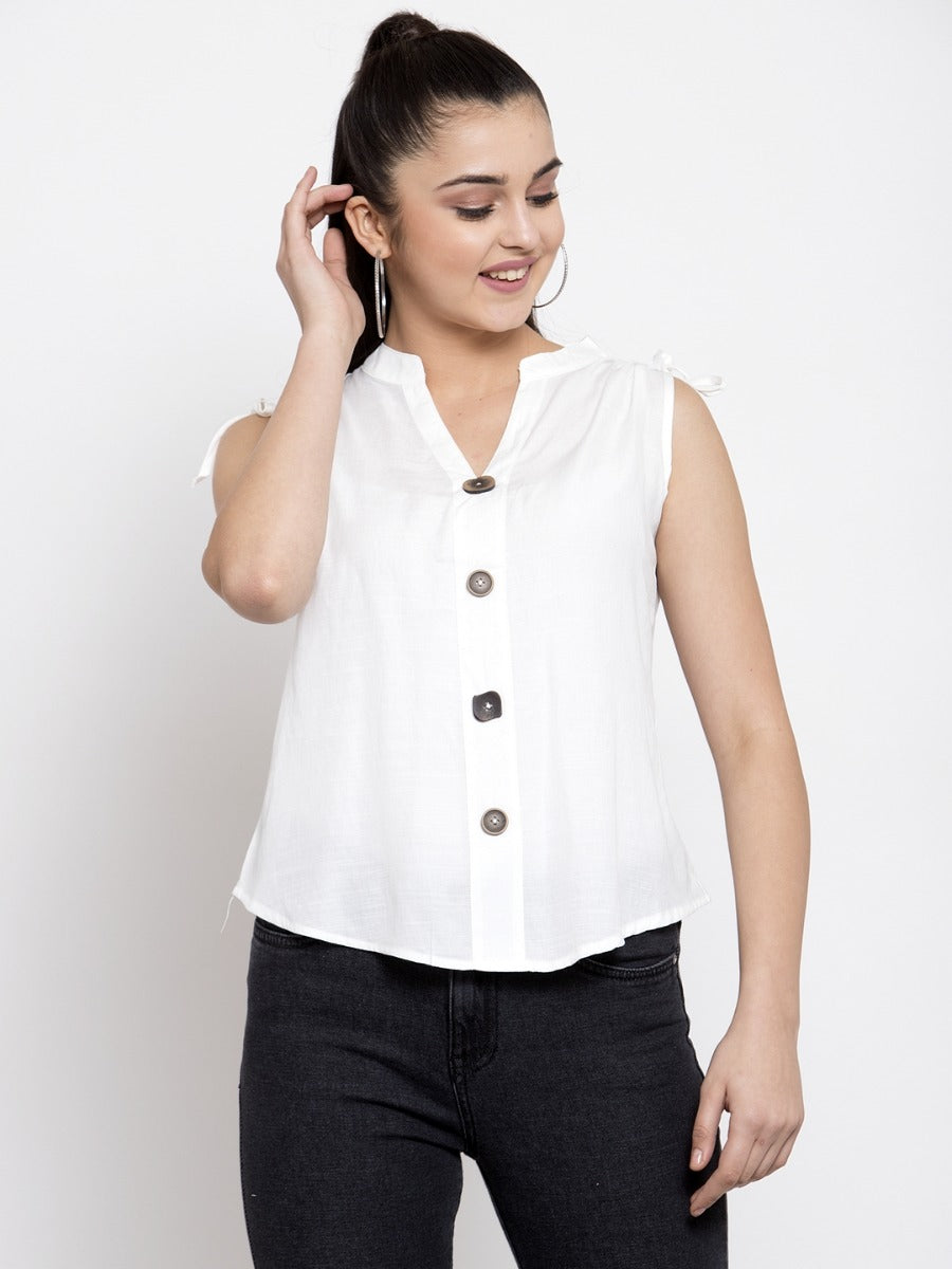 Women Solid White Mandarin Collar Shirt Top