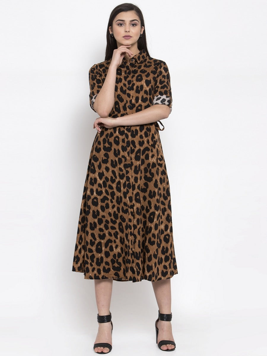Women Animal Printed Shirt Collar Dress