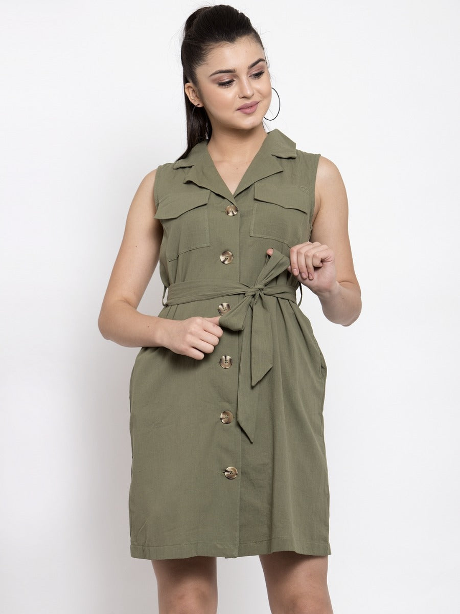 Women Olive Green Trench Collar Dress