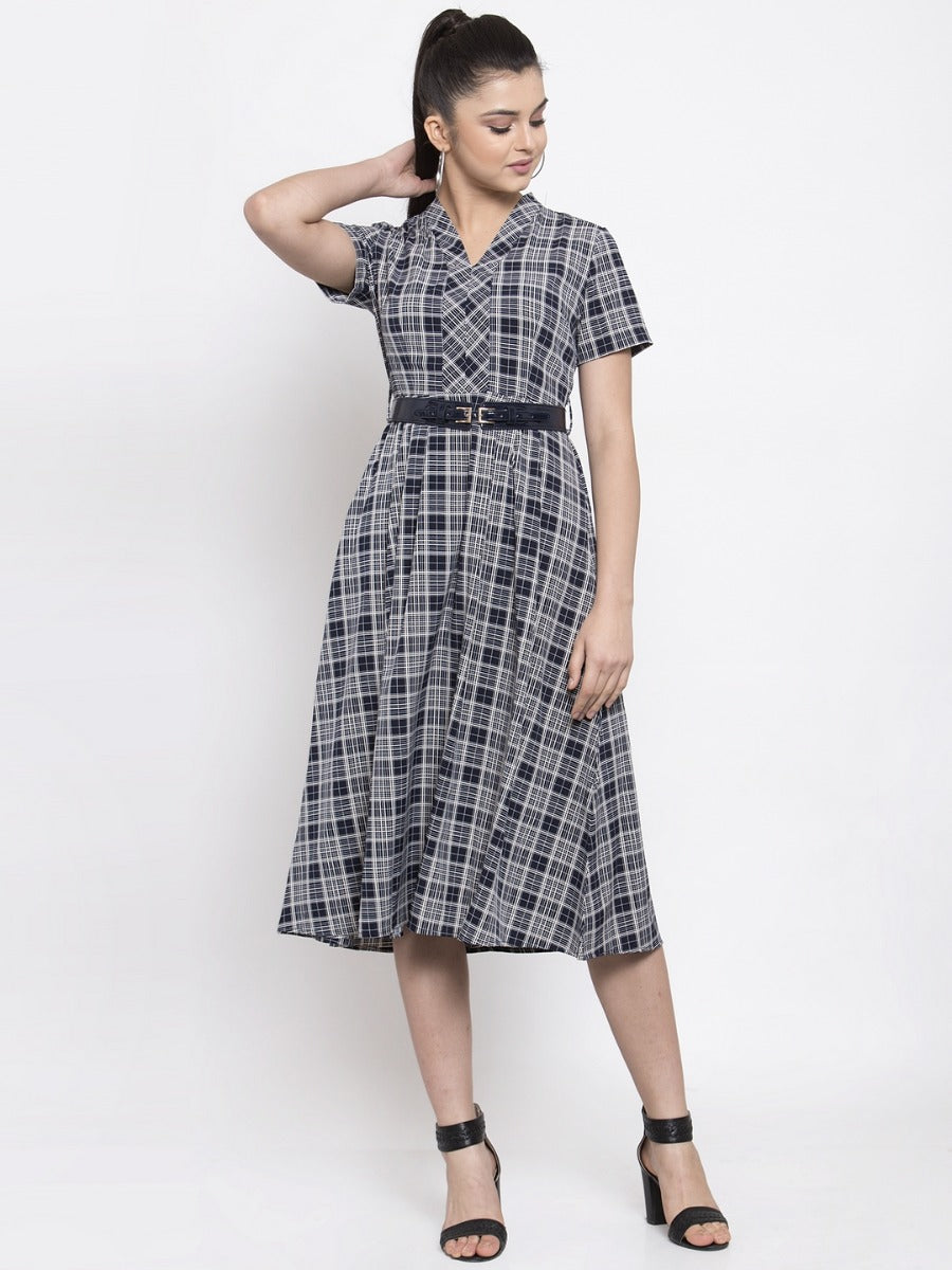 Women Navy White Checked A-Line Dress