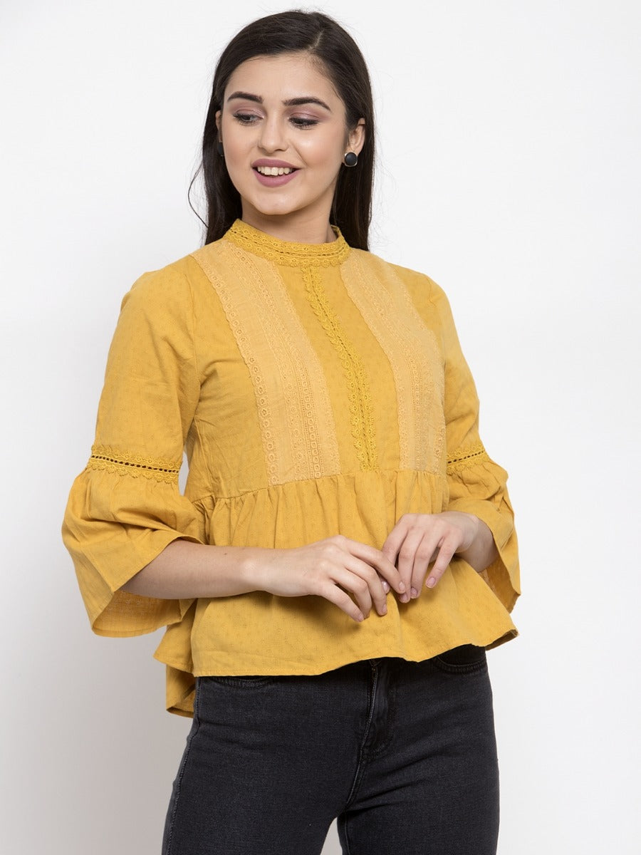Women Mustard High-Neck Top With Crochet Details