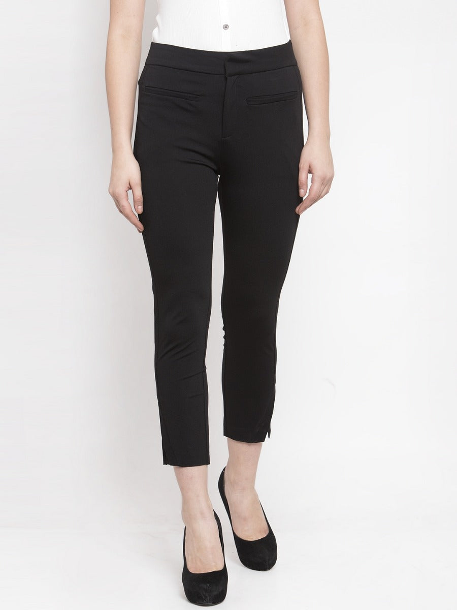 women solid black poly cotton trouser