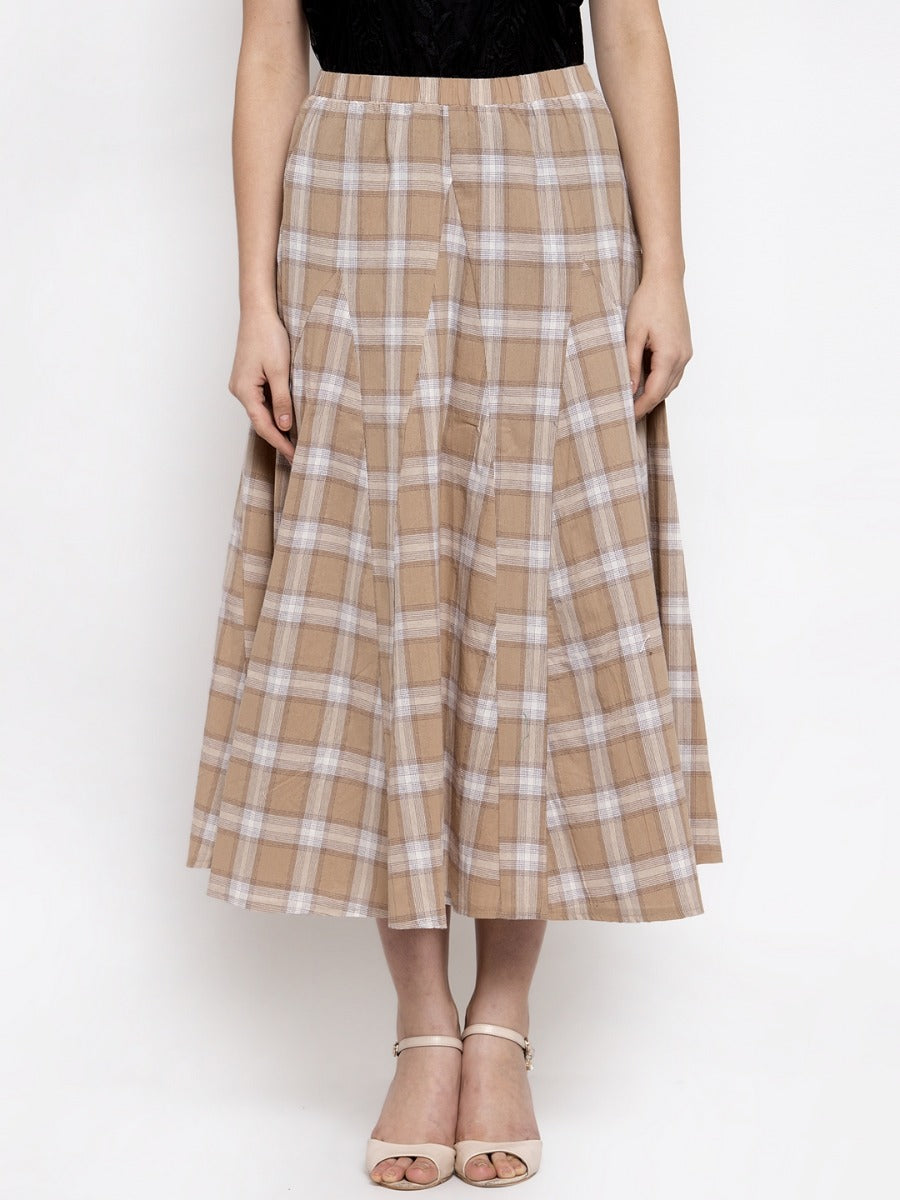 Women Khaki Plaid Long Checked Skirt