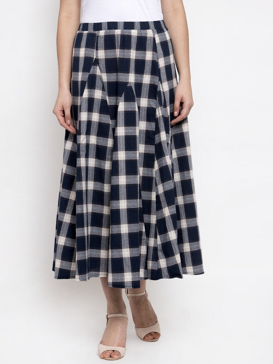 Women Navy Blue Plaid Long Checked Skirt