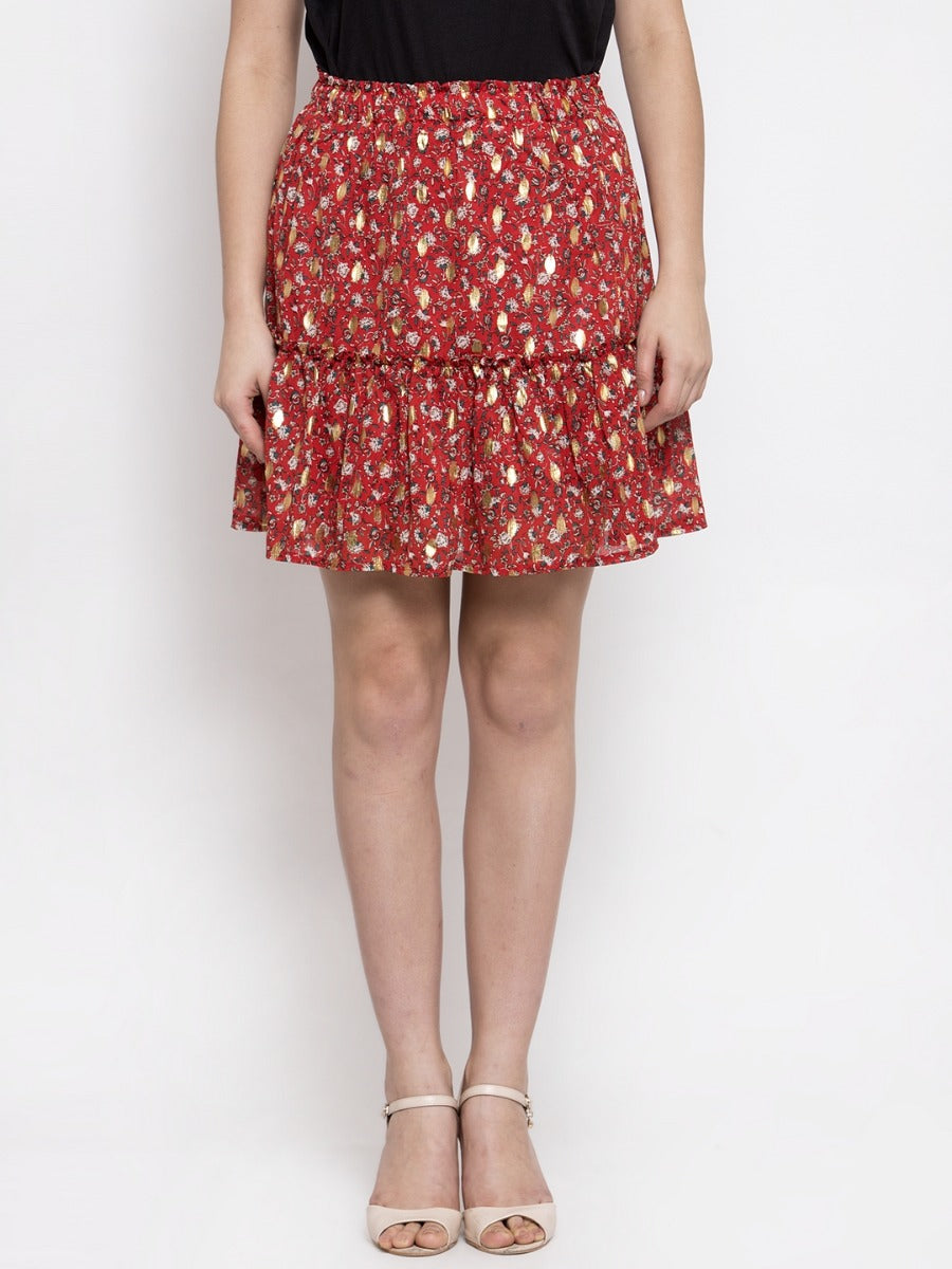 Women Red Foil Printed Mini Skirt