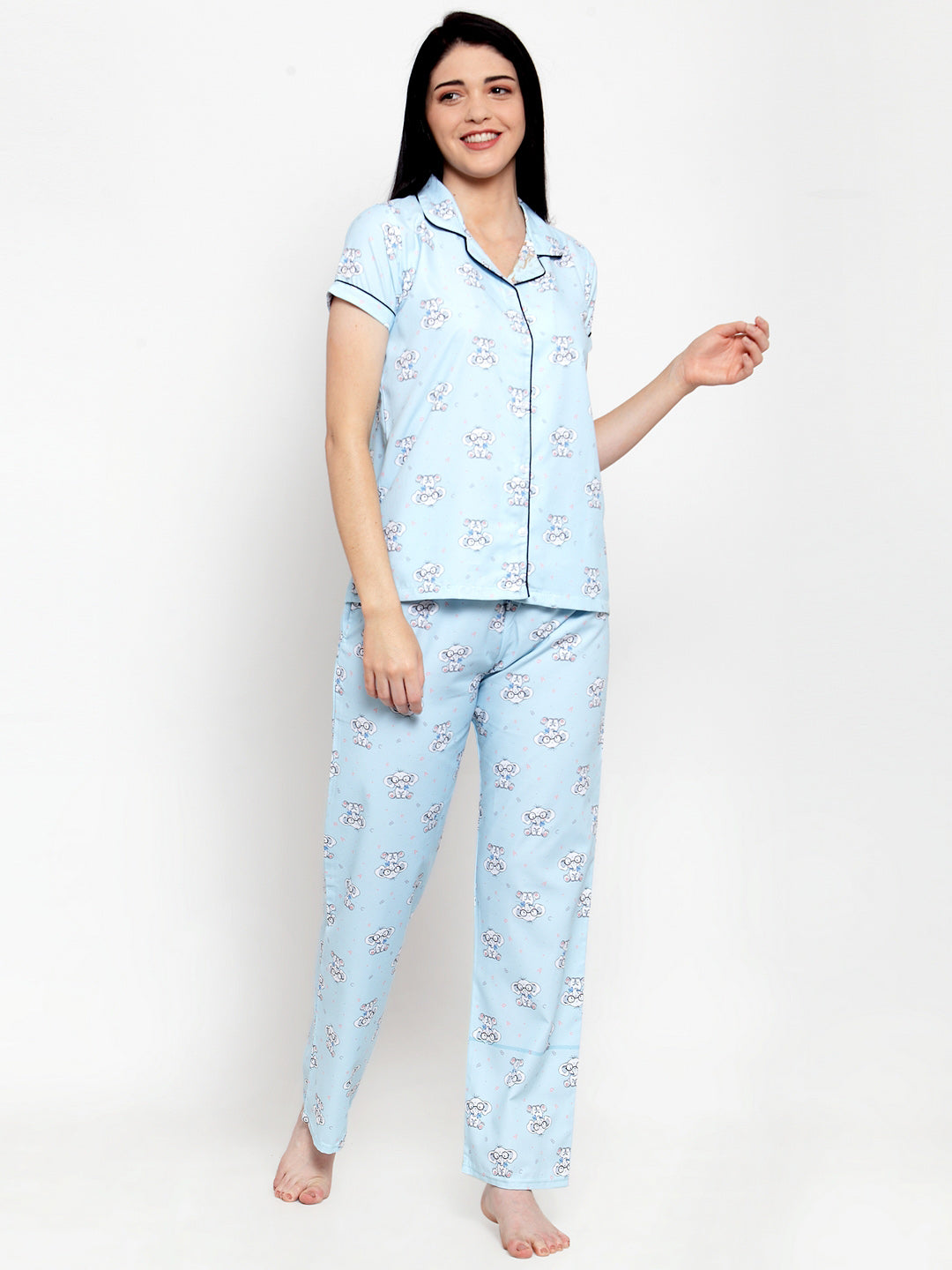 Women Lt Blue Cotton Printed Night Suit Set