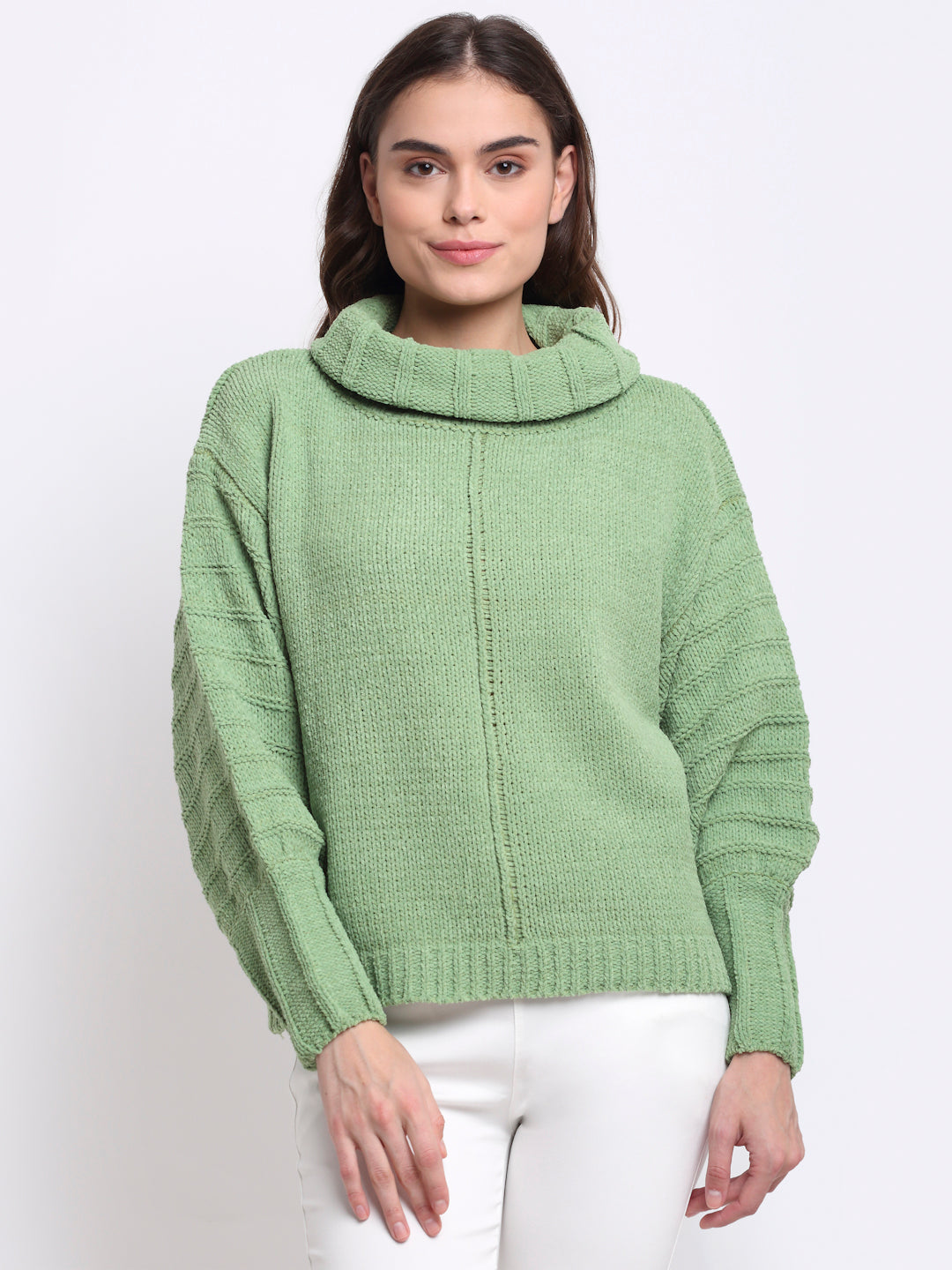 Women Green High Neck Loose Fit Knit Pullover