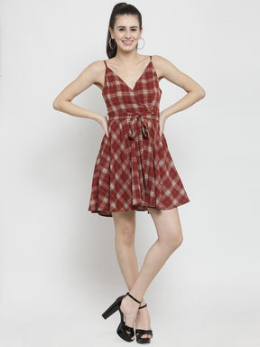 Women Maroon Checked Wrap Dress