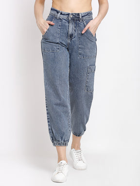 Women Blue Denim Solid Ankle Length Jogger
