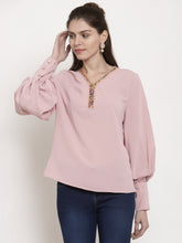 Ladies Pink Solid V-Neck Top