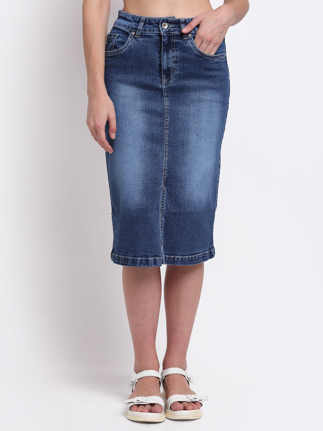 Women Blue Denim Solid knee length Skirt