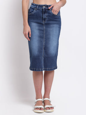 Women Blue Cotton Blend Solid knee length Skirt