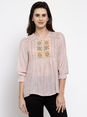 Women Pink Embroidered Top With Crochet Details