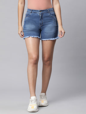 Women Blue Faded Denim Shorts