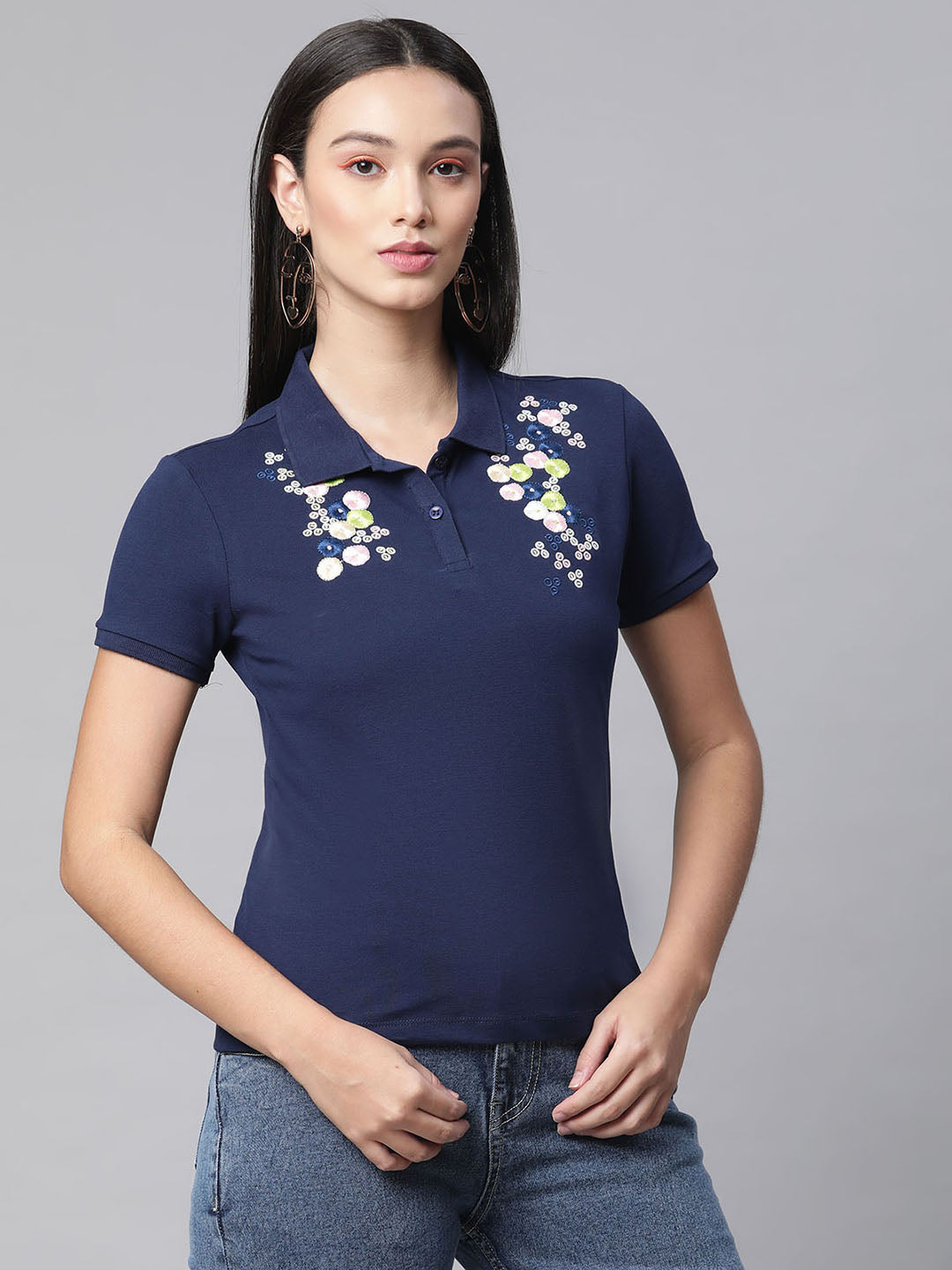 women navy blue polo embroidery t shirt