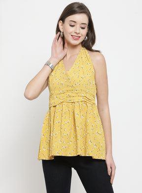 Women Yellow Printed Top With Plunged Neckline