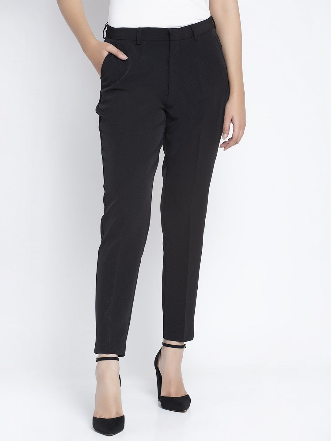 Women Black Solid Trousers