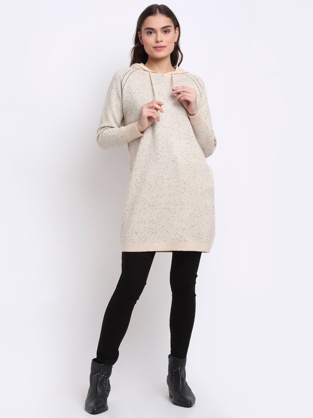 women beige hooded solid knit dress