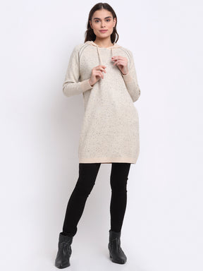 women beige hooded solid knit dress
