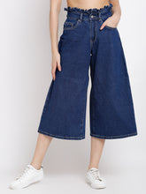 women blue denim solid calf length denim culottes