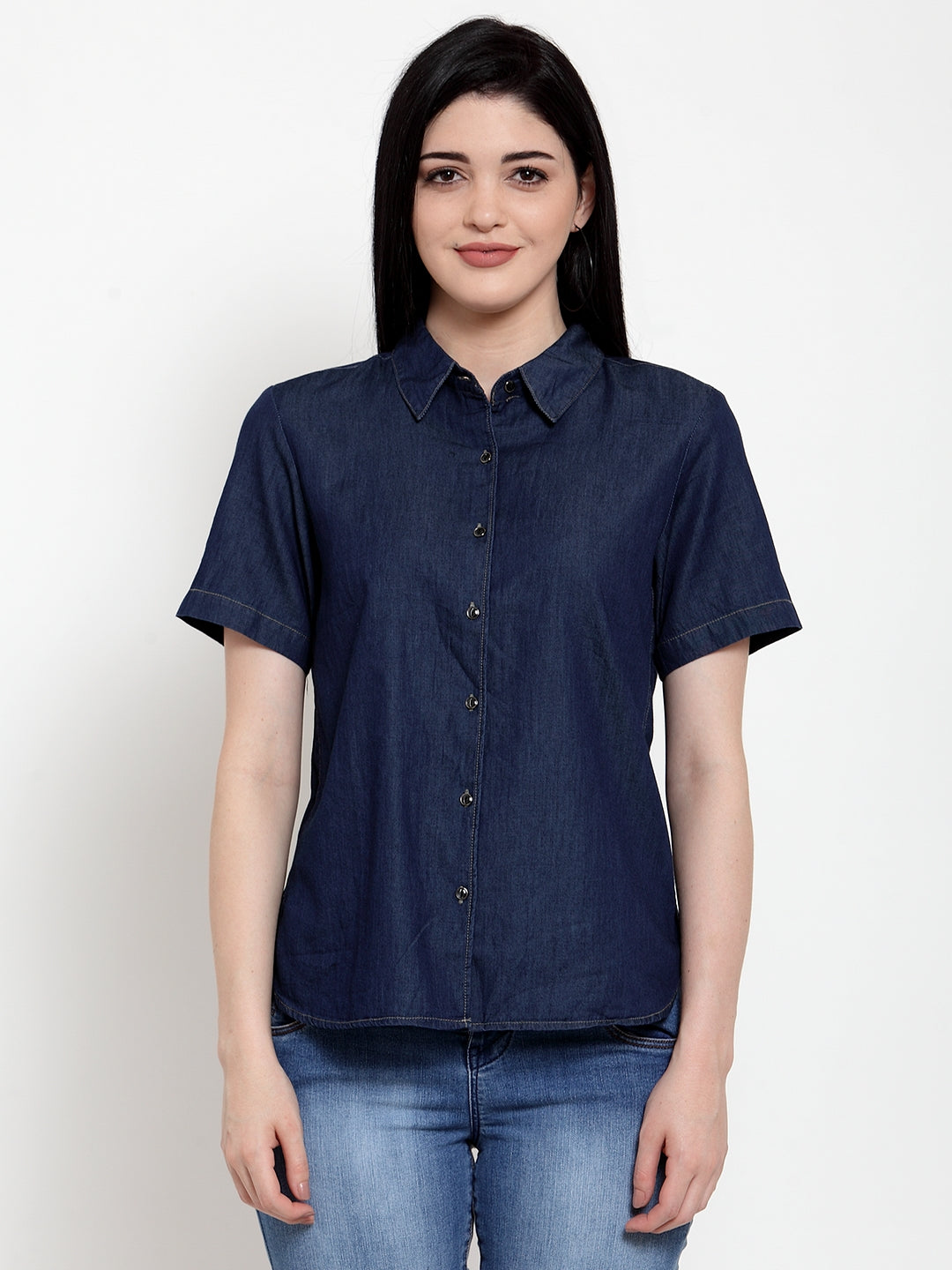 Women Blue Denim Shirt Collar  Shirt