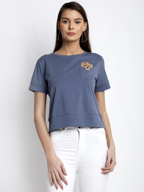Women Blue Round Neck Solid T-Shirt