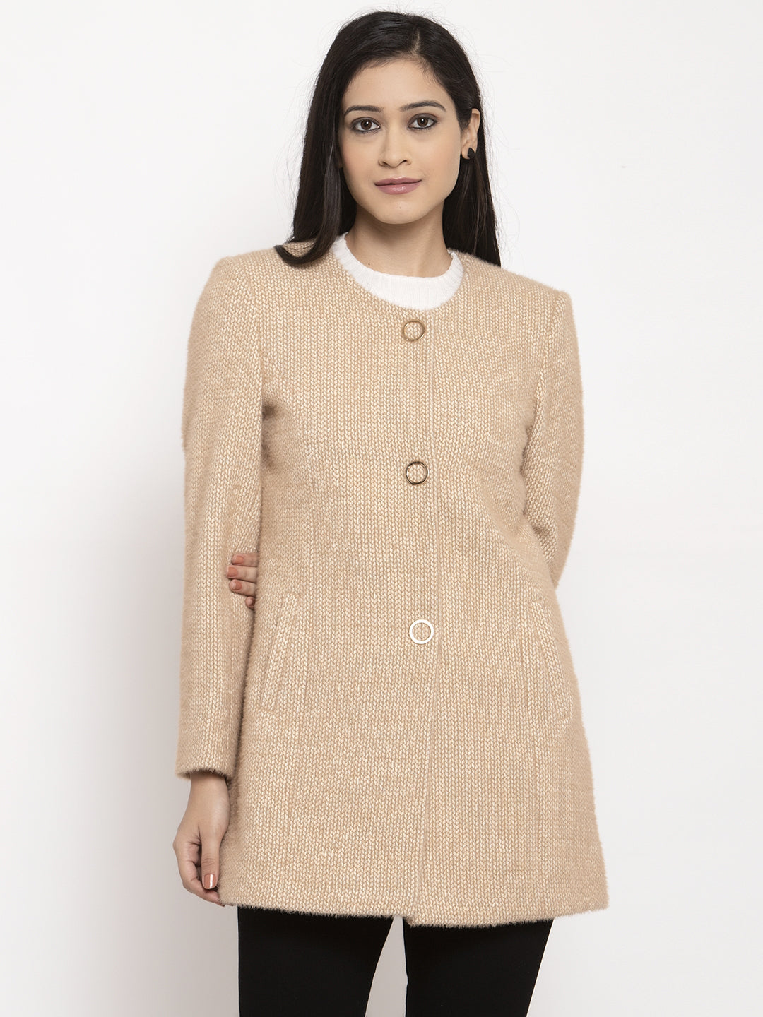 Women Khaki T-Neck Solid Coat