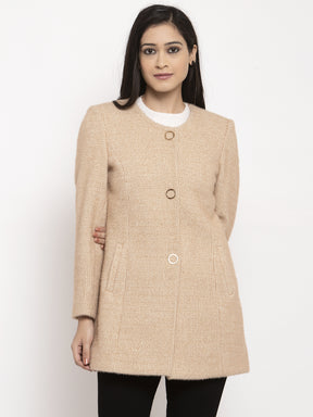 Women Khaki T-Neck Solid Coat