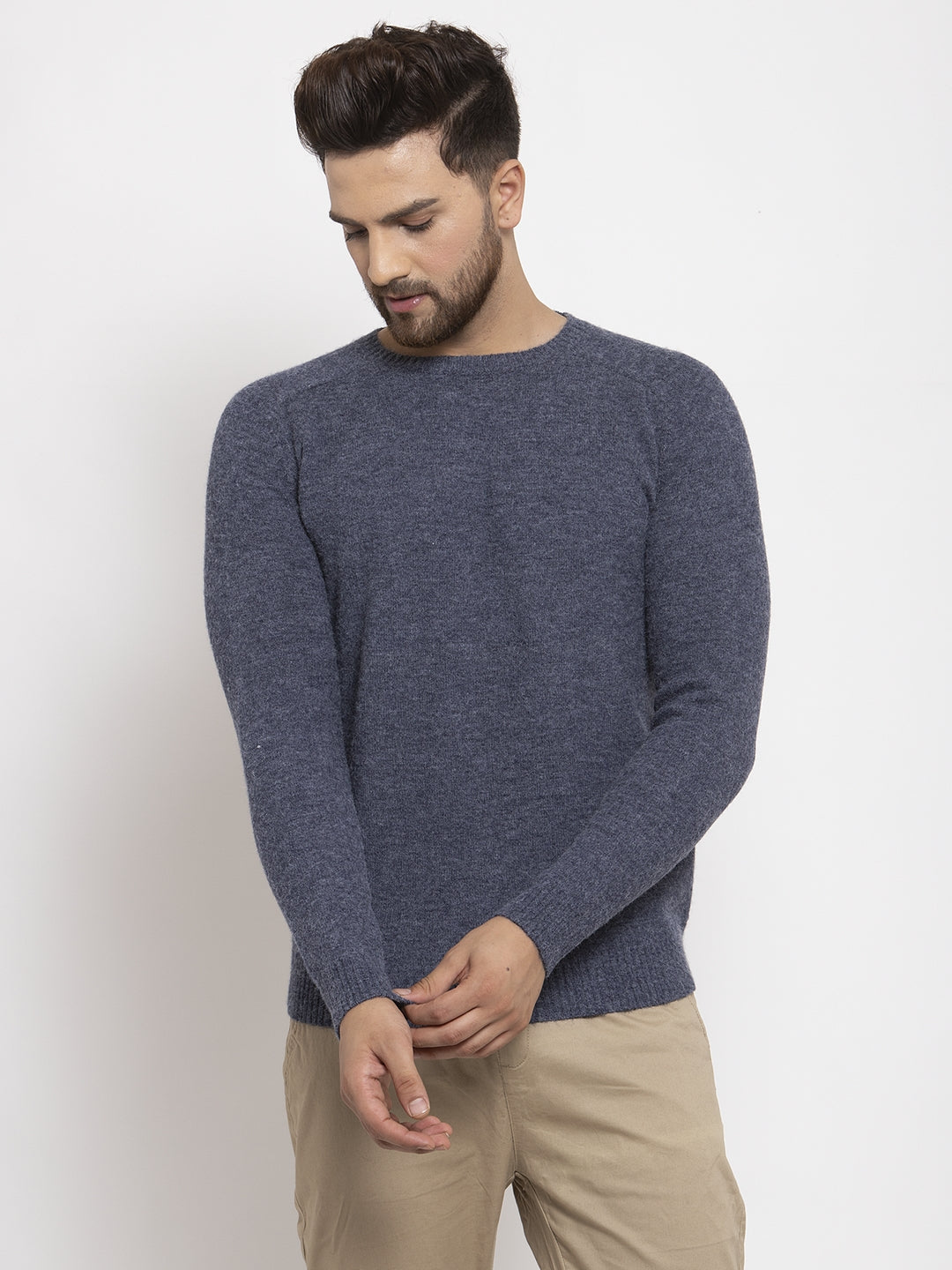 Mens Navy Blue Round Neck Solid Alpaca Wool Pullover
