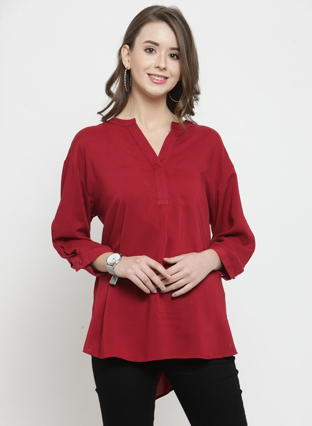Women Solid Maroon Relaxed Fit Top With Mandarin Collar