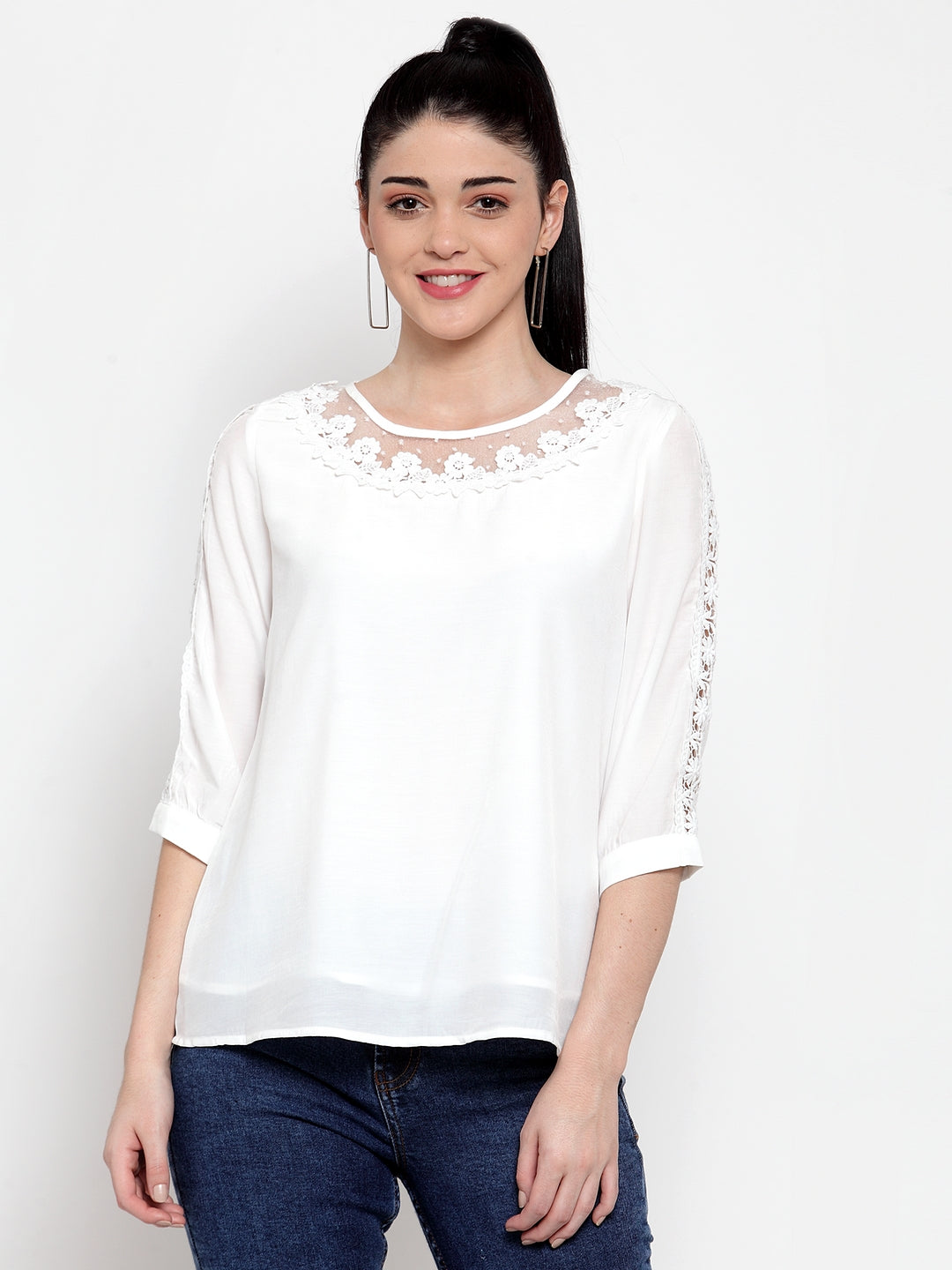 Women White Crape Blouse With Lace Detail
