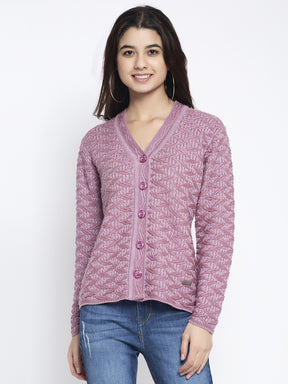 Women Purple V-Neck Embroidered Cardigan