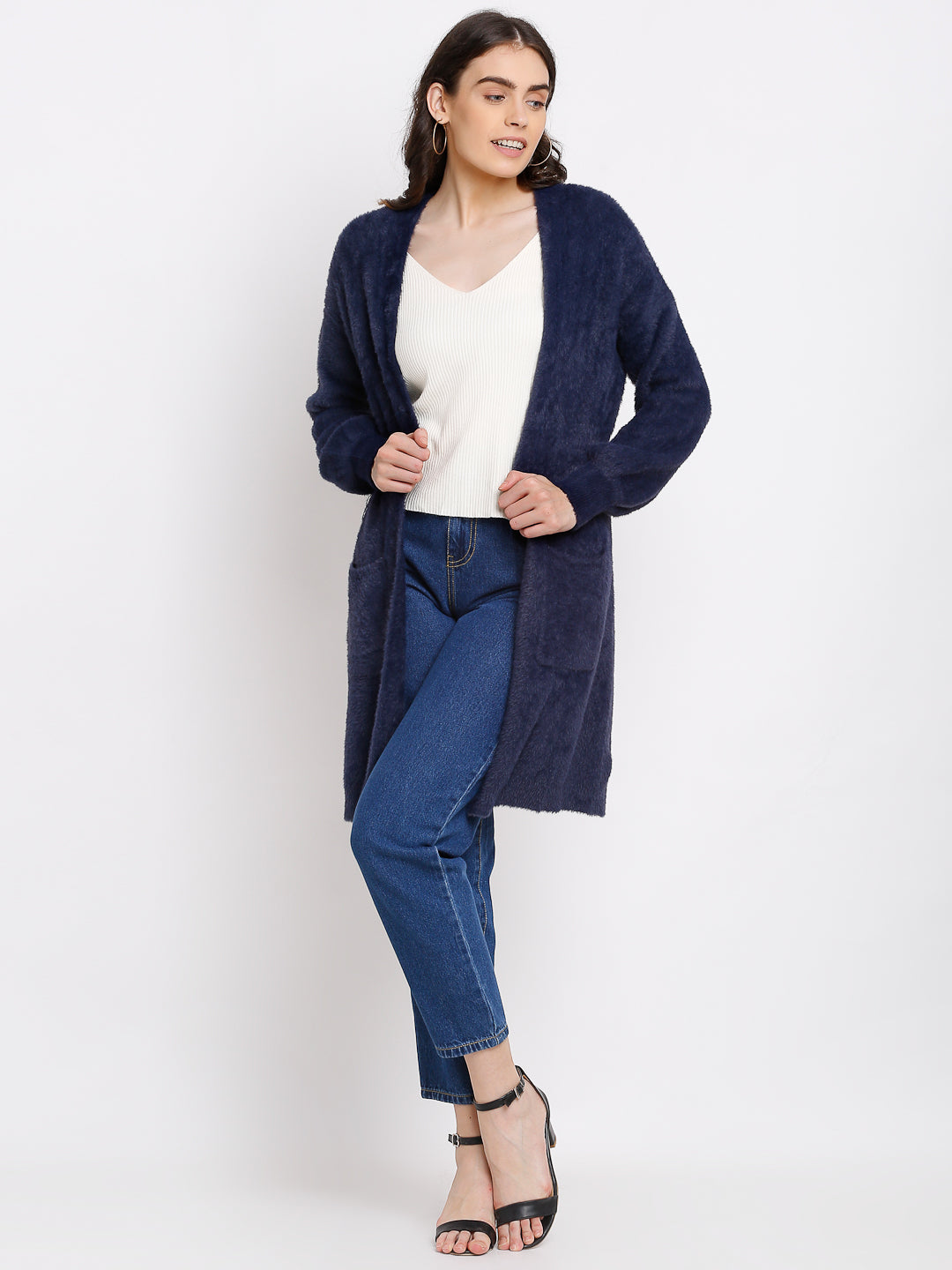 Women Navy Blue Knitted Solid Open Neck Shrug