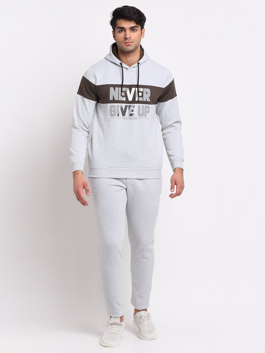 Men Off White Hooded Hosiery Solid TrackSuit