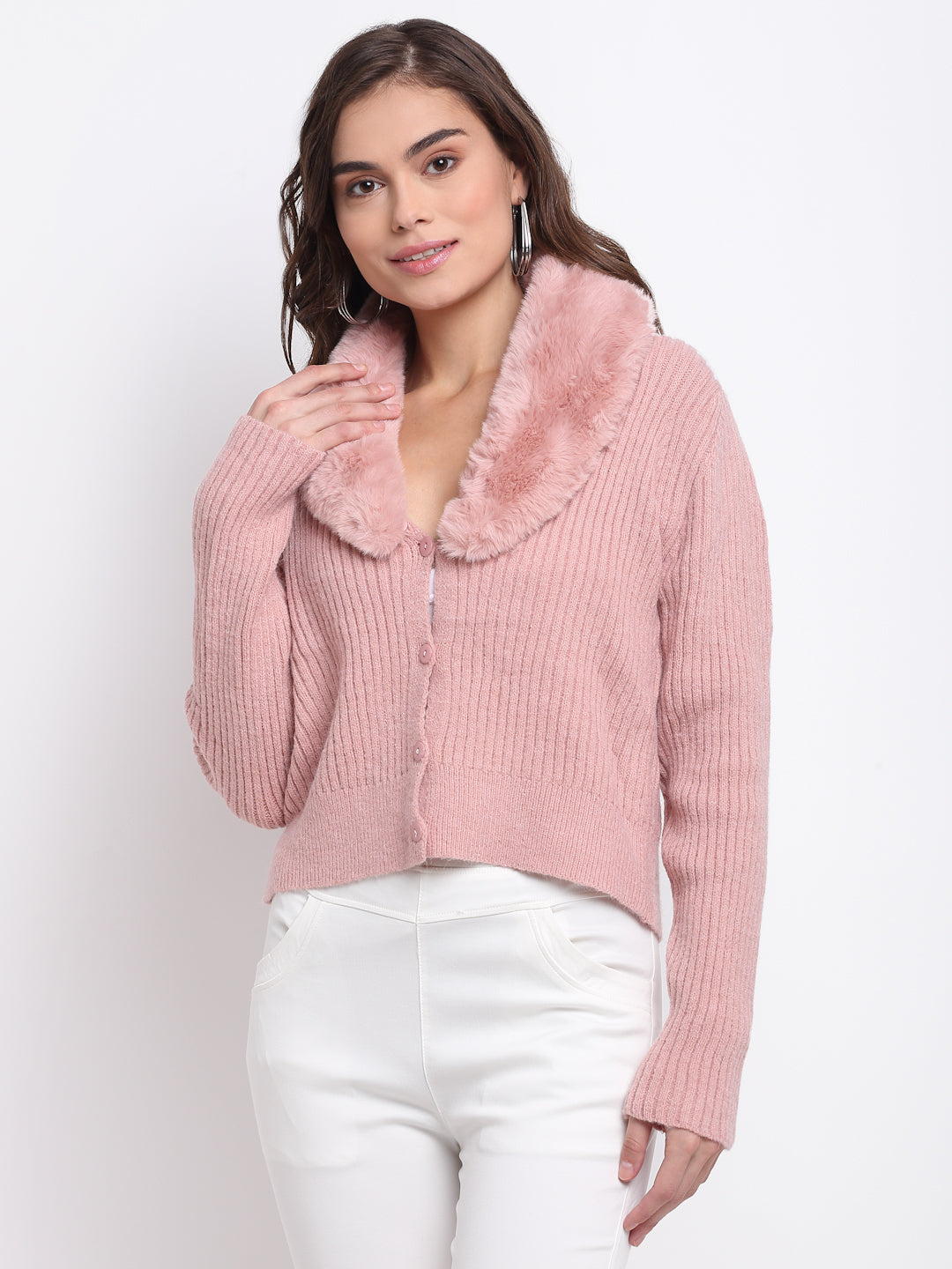 Best Pink Collared Solid KNIT Cardigan