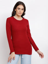 women red polyester solid round neck t-shirt