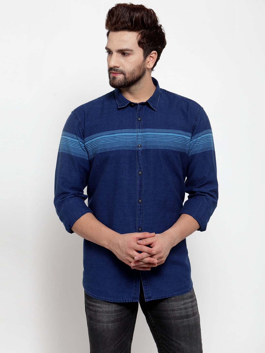 Men Blue Printed Denim Shirt