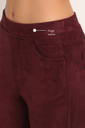 Ankle-Length Solid Maroon Suede Jegging