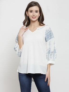 Women Off-White Cotton Top With Printed Sleeve