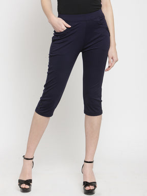 Women Skinny Fitted Navy Blue Solid Capri