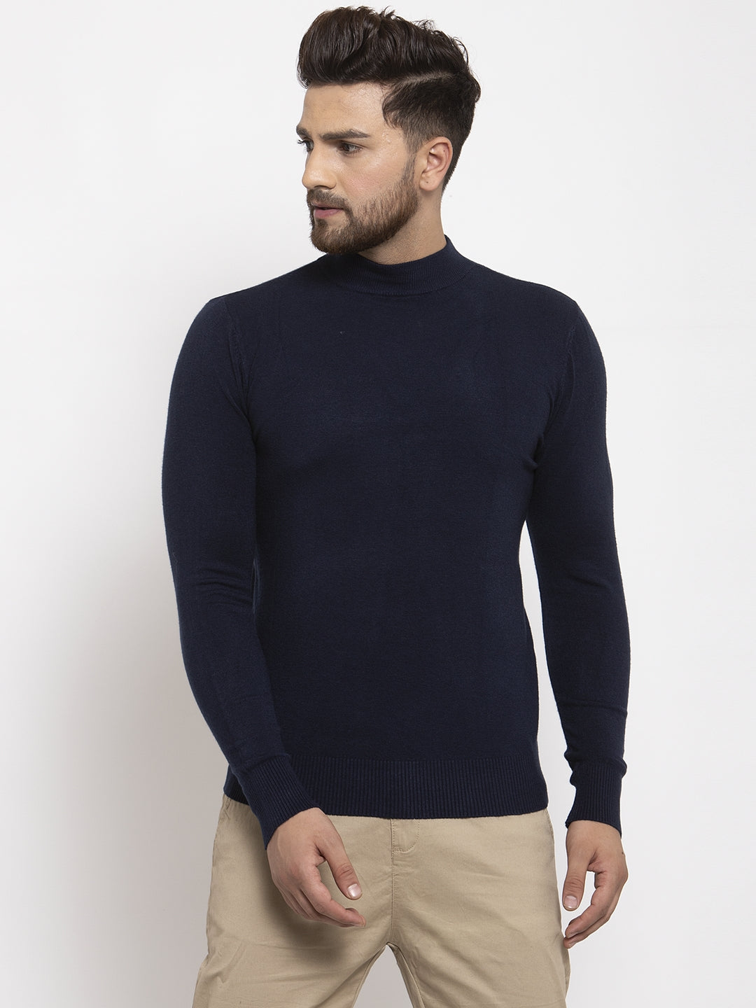 Men Navy Blue Solid Turtle Neck Pullover