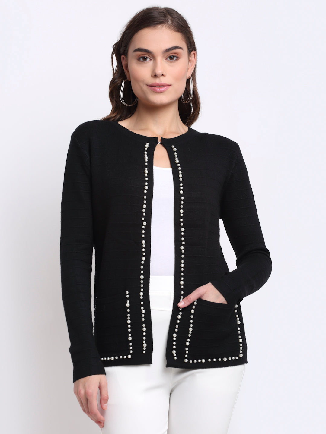 Women Black Round Neck Solid KNIT Shrug