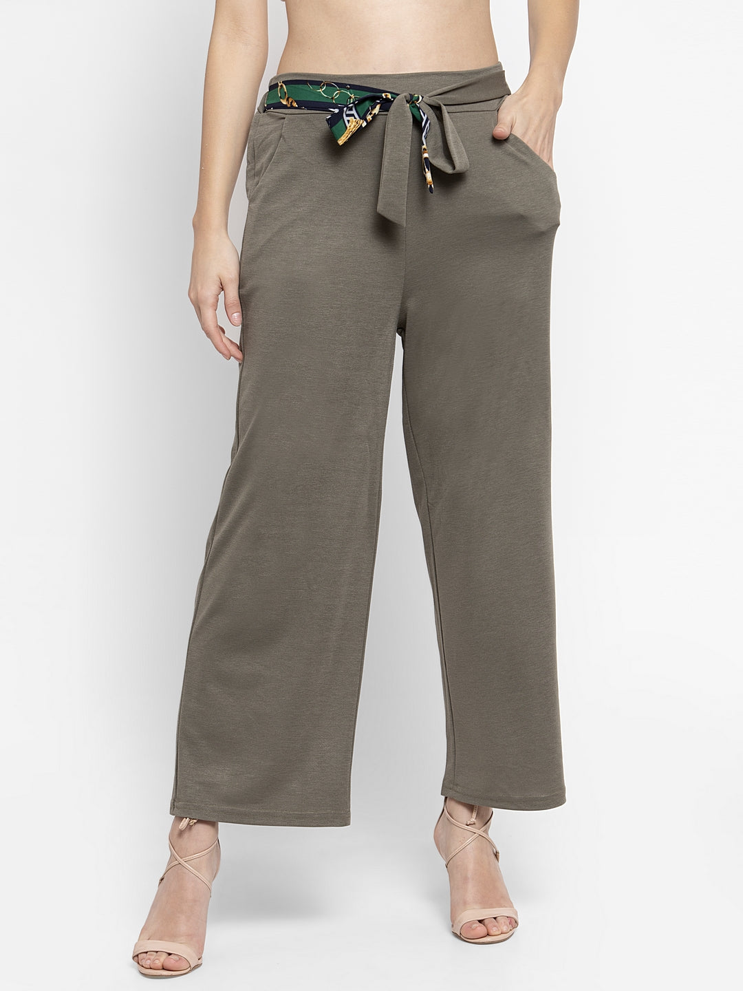 Women Solid Green Plazo With Scarf Belt