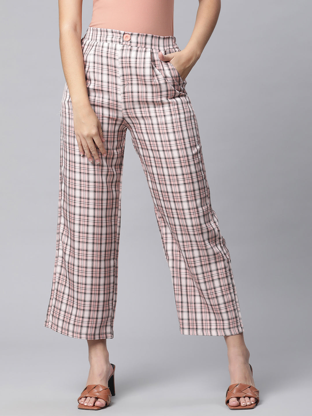 Women Peaches Pink Checked Lower