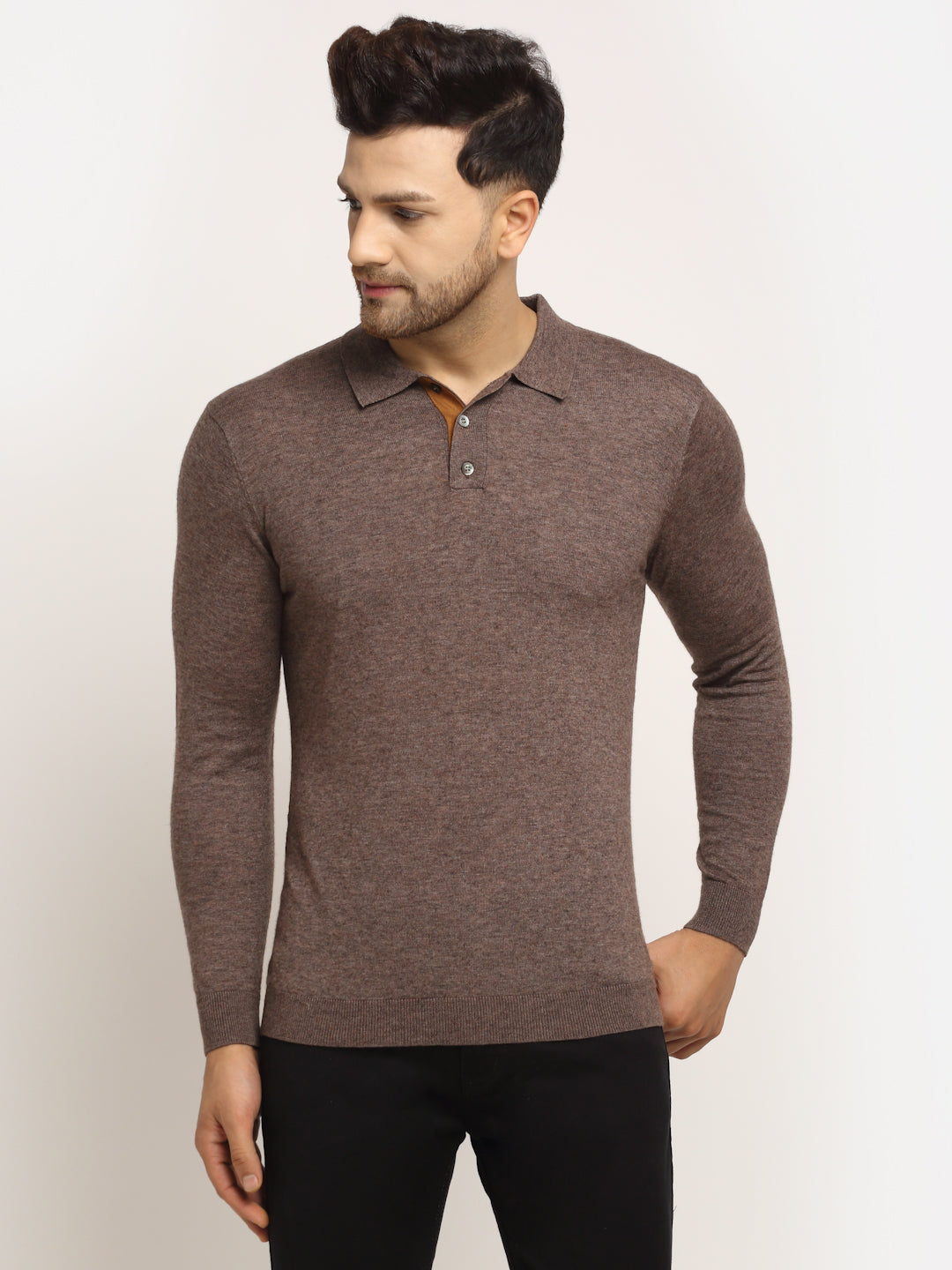 Men Brown Polo Neck Knit Solid Pullover - Global Republic