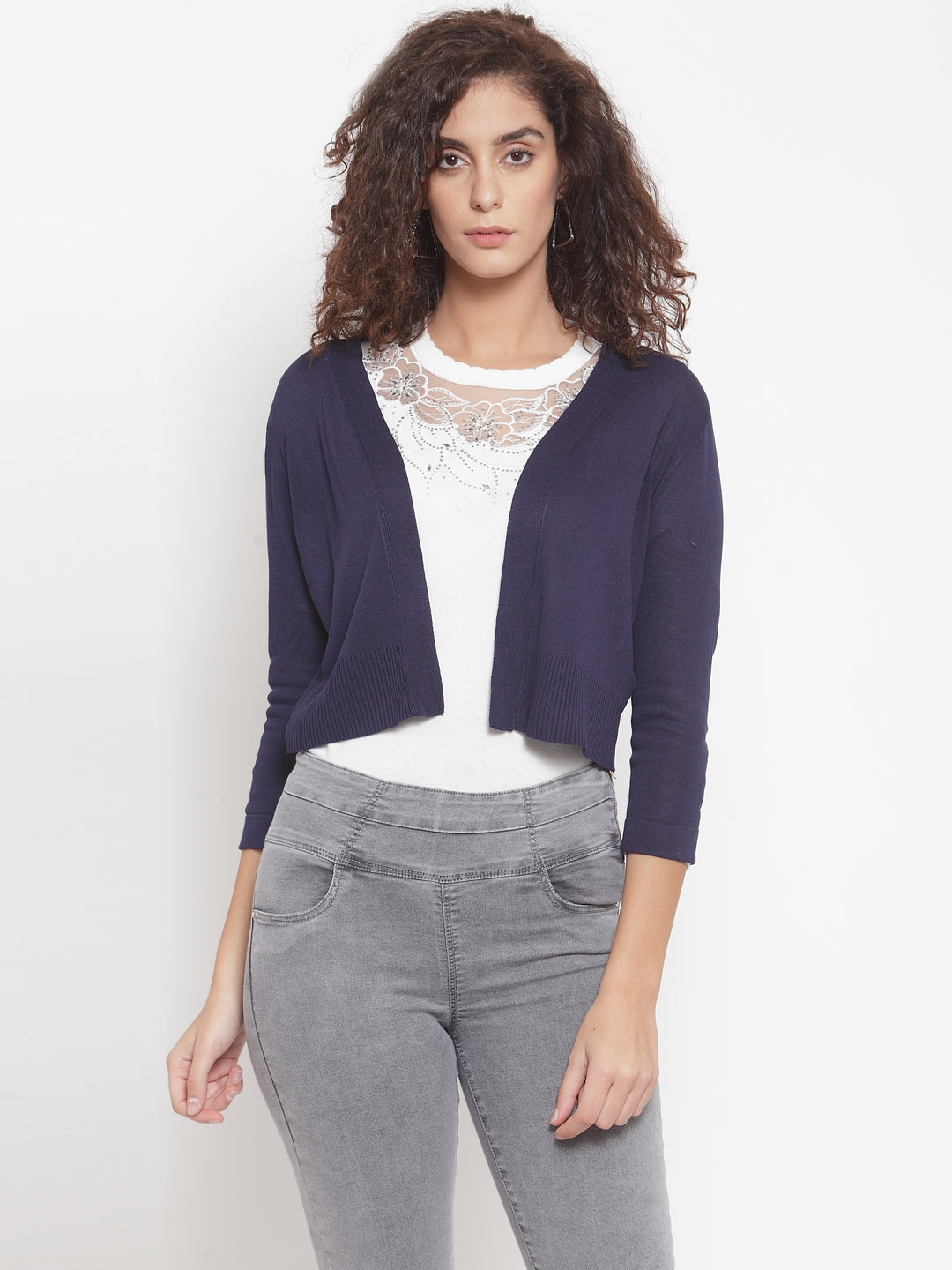 Women Solid Navy Blue Shrug