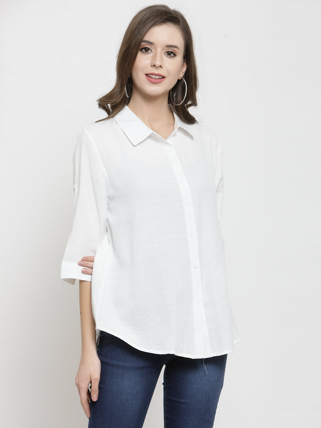 Women White Solid Shirt Collar Relaxed Fit Shirt