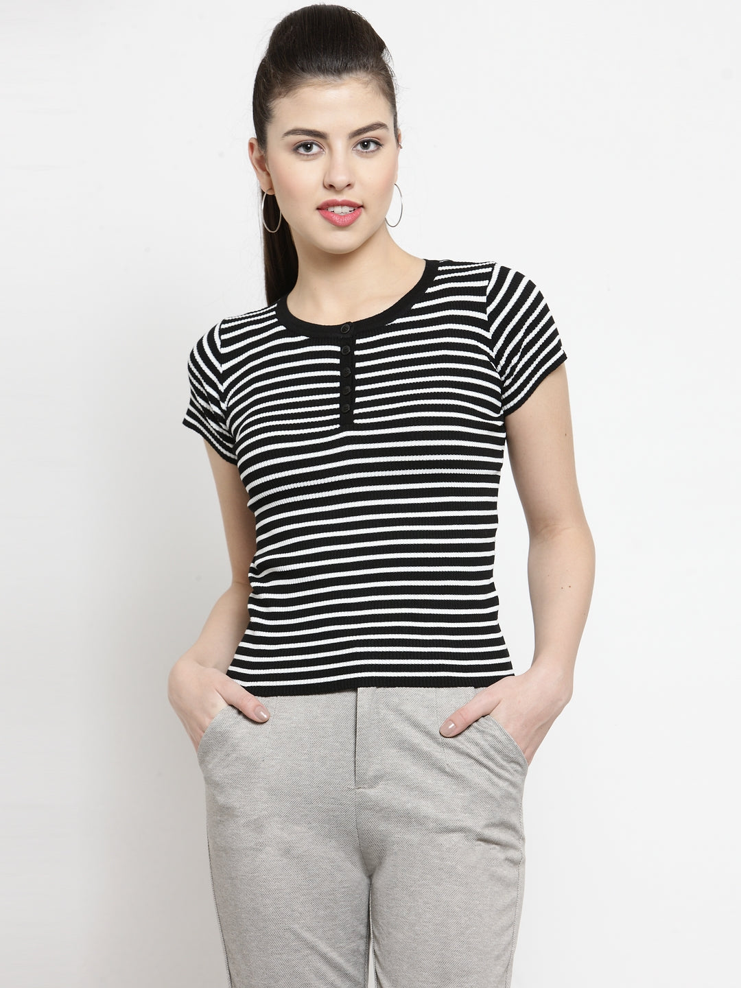 Women Striped Black Round Neck T-Shirt