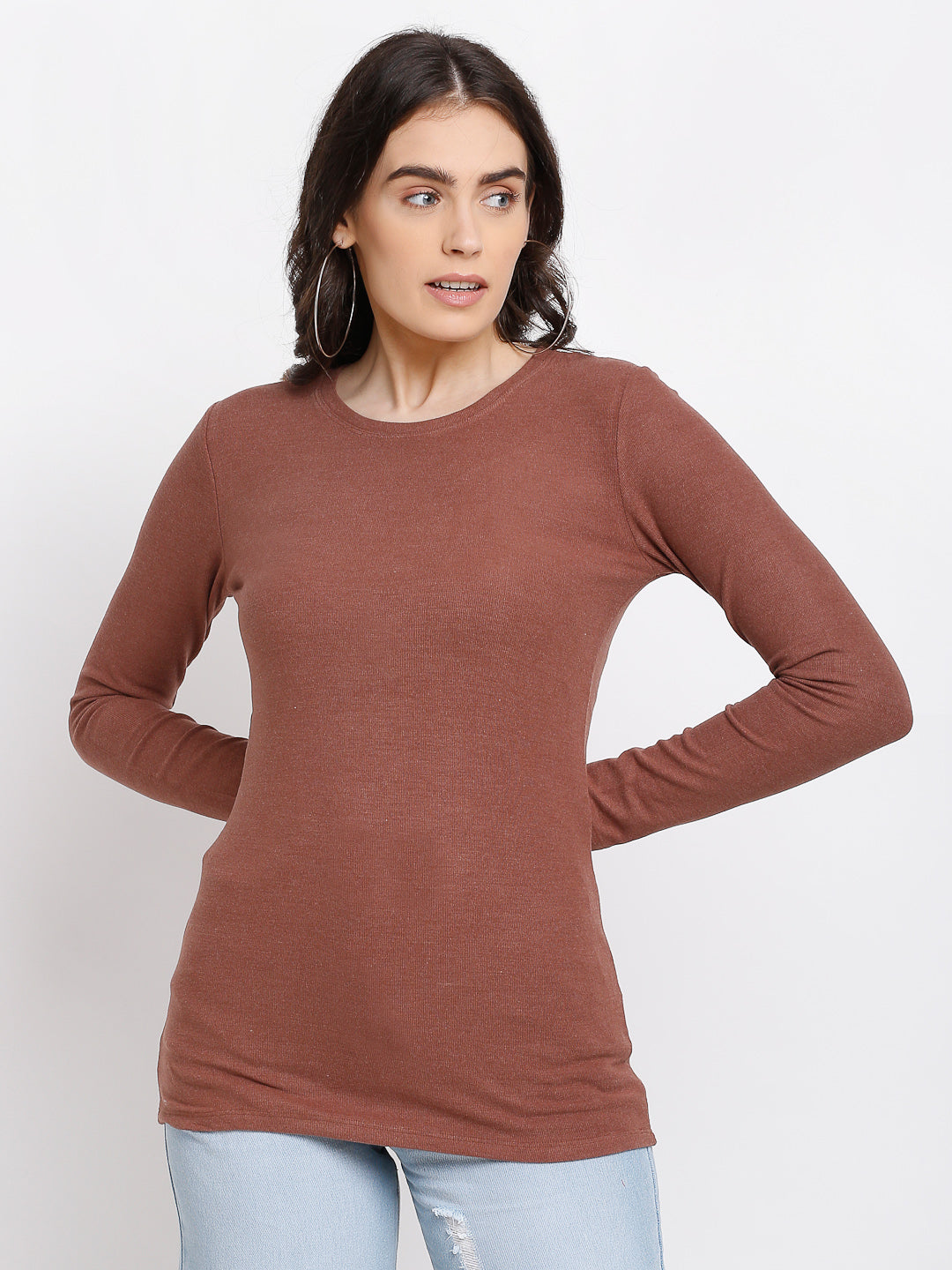 women brown polyester solid round neck t shirt